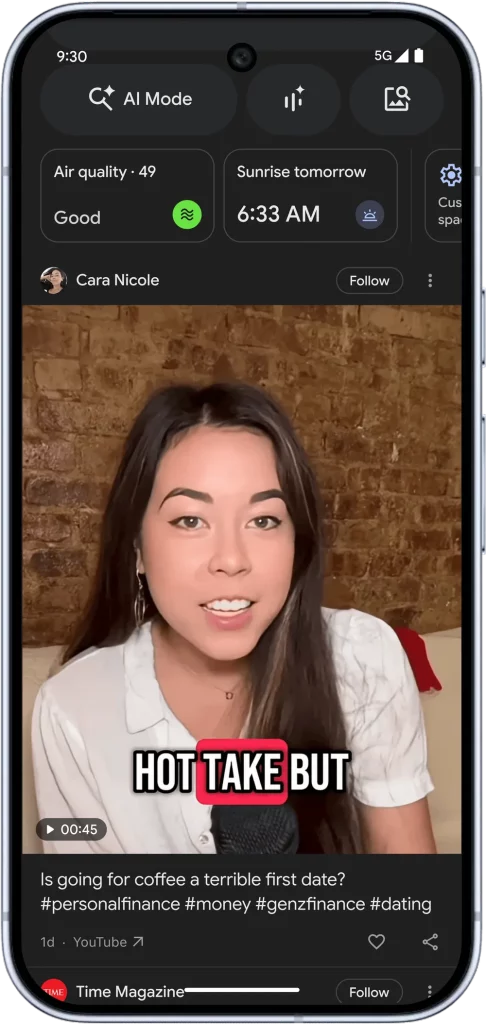 Tampilan konten sosial media YouTube Shorts yang ditampilakn di feed Google Discover