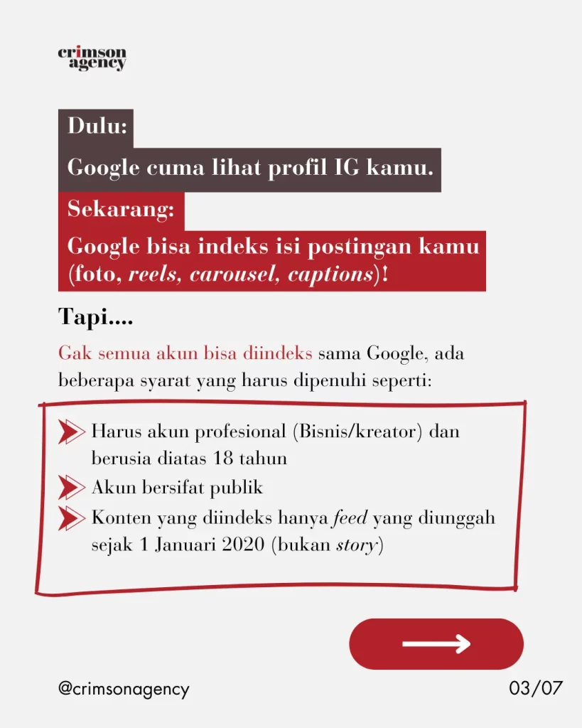 Perbedaan pengindeksan Google dulu dan sekarang, dan syarat agar konten IG bisa diindeks oleh Google